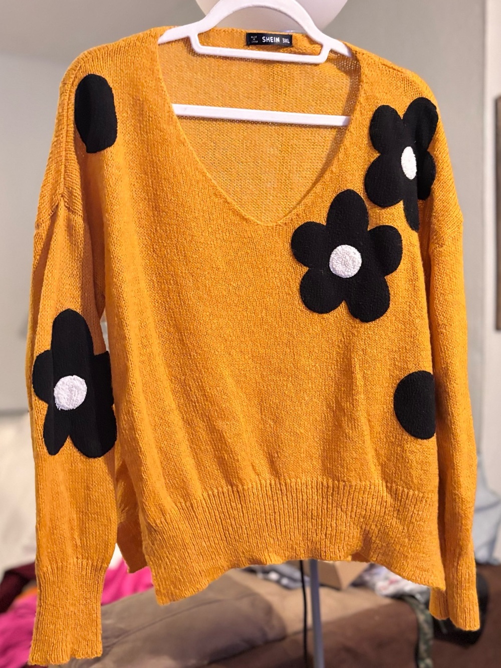 SHEIN Mustard Yellow V-Neck Sweater with Black Floral Appliqués